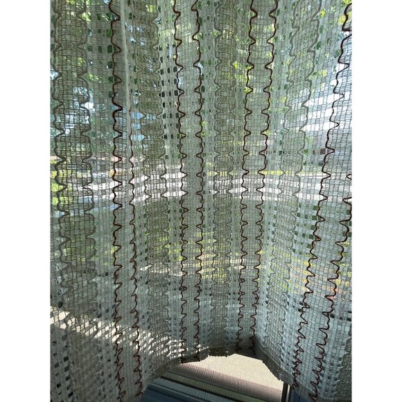 Vintage 70s mesh curtains, beige, red, brown striped net woven panels, pair - Picture 3 of 10